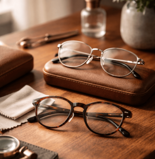 Occhiali e accessori su legno caldo